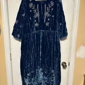 eShakti Blue Velvet Midi Dress with Floral Embroidery
